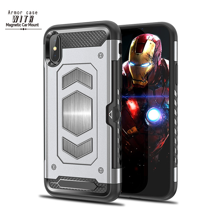 iPHONE Xs Max Metallic Plate Case Work with Magnetic Holder and Card Slot (Silver)